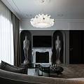 Elegant Modern Living Room Interior Design With Chandelier Mirror Fireplace And Area Rug