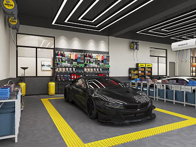4S Shop Interior Featuring Black Sports Car Yellow Parking Lines Tool Racks And Blue Toolboxes 3d model