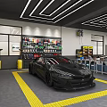 4S Shop Interior Featuring Black Sports Car Yellow Parking Lines Tool Racks And Blue Toolboxes