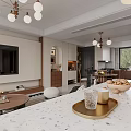 Modern Dining and Living Room Interior With Chandeliers Sofa Dining Table And Coffee Table