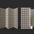 Foldable Grid Pattern Room Divider with Wooden Frame and Green Plant Behind 3d model