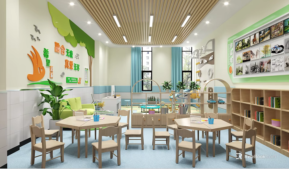 School Classroom Interior With Wooden Tables Chairs Green Plants And Wall Decorations 3d model 