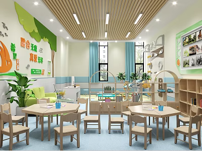 School Classroom Interior With Wooden Tables Chairs Green Plants And Wall Decorations 3d model