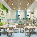 School Classroom Interior With Wooden Tables Chairs Green Plants And Wall Decorations