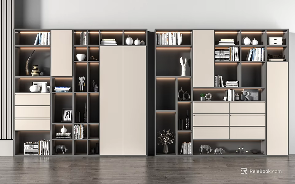 Stylish Modern Bookcase Interior With Open Shelves Closed Doors Drawers And Decorative Items 3d model 