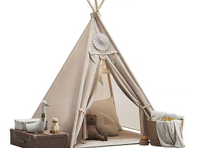 Cozy Beige Tepee Tent Setup With Plush Toys Vintage Suitcase Woven Basket And Lantern 3d model