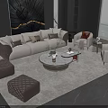 Modern Beige Sofa With Cushions And Round Marble Coffee Table Set With Armchairs Ottomans