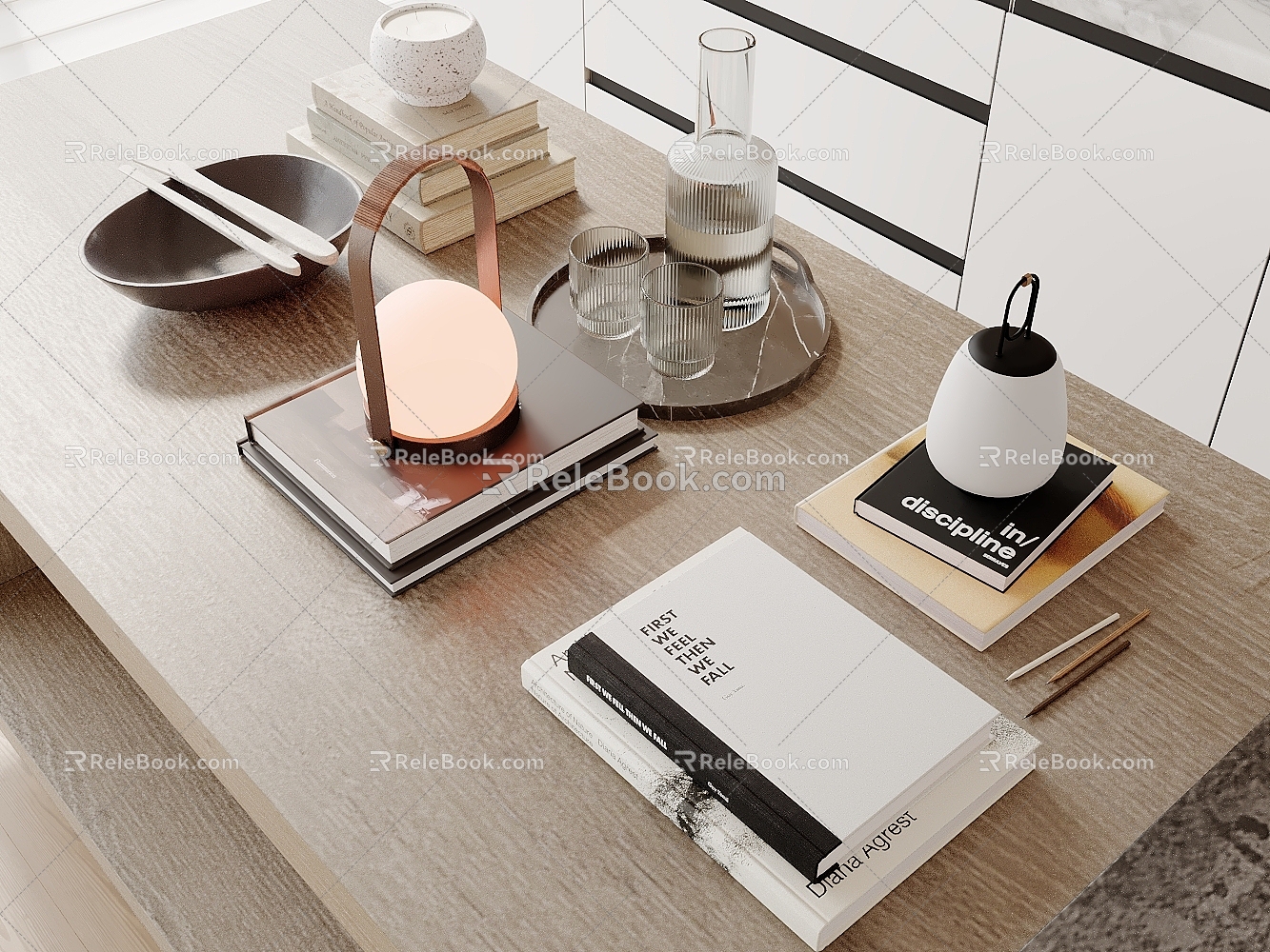 Modern Table Ornaments Books Table Lamp Wine Tops and Chopsticks 3d model