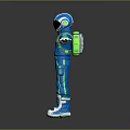 Astronaut in Blue Green Suit With Open Arms Helmet and Backpack
