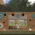 Kindergarten Exterior Wall With Colorful Circular Decorations Wooden Panels And Stone Textures