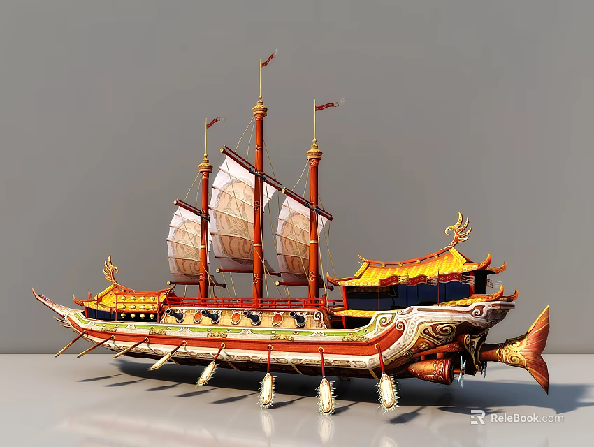 Traditional Wooden Boat With Decorative Sails Masts And Dragon Head Design 3d model 