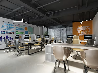 Modern Public Office Area With Workstations Computers Ergonomic Chairs Open Layout And Bright Lighting 3d model