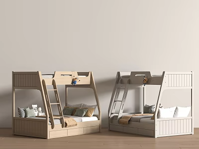 Wooden Bunk Beds in Light Wood and Gray Colors with Ladder Storage Pillows and Blankets 3d model
