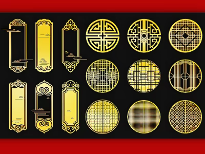 Golden Traditional Chinese Carved Windows With Intricate Patterns And Various Shapes 3d model