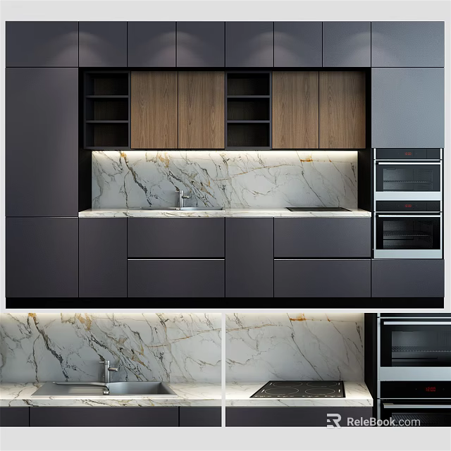 Modern Kitchen With Dark And Wooden Cabinets Marble Countertop And Built in Appliances 3d model 