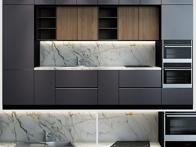 Modern Kitchen With Dark And Wooden Cabinets Marble Countertop And Built in Appliances 3d model