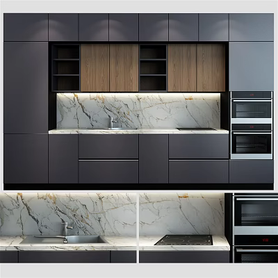 Modern Kitchen With Dark And Wooden Cabinets Marble Countertop And Built in Appliances 3d model