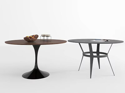 Modern Dining Tables With Brown Black Tops And Unique Bases Featuring Fruit Bowl And Glasses 3d model