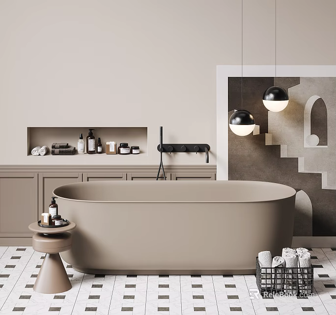 Beige Freestanding Bathtub with Beige Cabinets Bottles and Black Pendant Lights on Checkerboard Tile Floor 3d model 