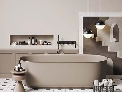Beige Freestanding Bathtub with Beige Cabinets Bottles and Black Pendant Lights on Checkerboard Tile Floor 3d model