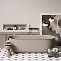Beige Freestanding Bathtub with Beige Cabinets Bottles and Black Pendant Lights on Checkerboard Tile Floor