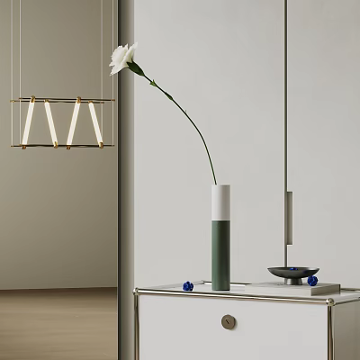 Elegant White Carnation in White and Green Vase on White Cabinet with Blue Items and Hanging Lamp 3d model