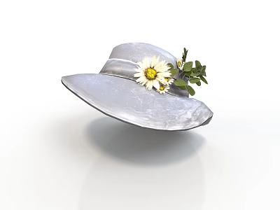 Silver Wide Brim Hat With Daisy Flower And Green Leaf Decoration 3d model