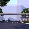 Entrance Gate For Real Estate Marketing Center With Glass Curtain Walls Pillars Canopy And Greenery