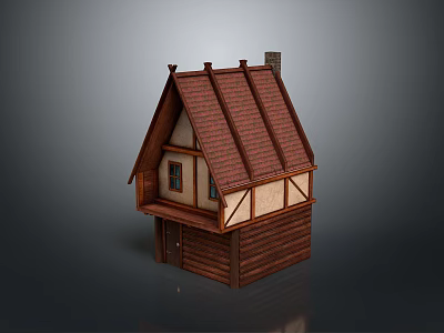Traditional Wooden House Architecture With Red Tile Roof Chimney Brown And White Walls And Windows 3d model