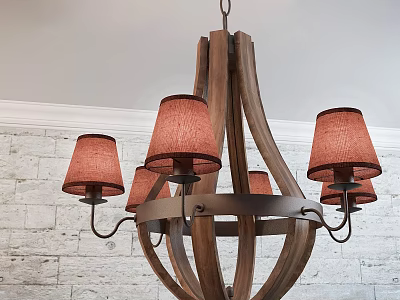 Rustic Wooden Chandelier With Red Fabric Shades And Metal Frame Design 3d model