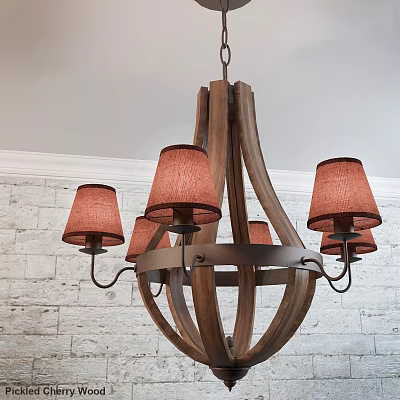 Rustic Wooden Chandelier With Red Fabric Shades And Metal Frame Design 3d model