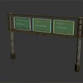 Overhead Highway Sign Structure with Three Green Signs on Weathered Metal Frame and Pillars