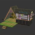 Classic Ancient Architectural Structure With Gabled Black Roof Wooden Deck And Glass Windows
