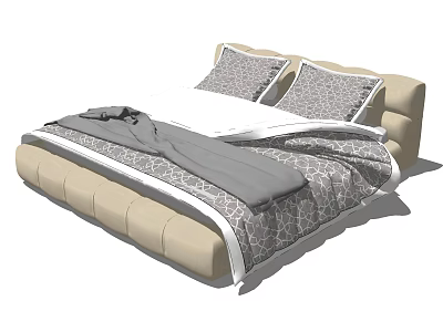 Modern Double Bed With Beige Headboard Gray Comforter And Patterned Pillows 3d model