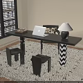 Stylish Black Wooden Table And Chair Set With Laptop Books Lamp On Square Pattern Rug