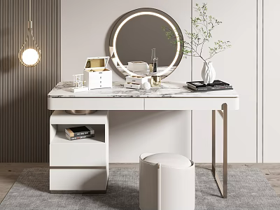 Modern Dressing Table With Round Mirror Marble Top Drawers Stool And Decorative Plants 3d model