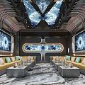 Modern Futuristic KTV Room Interior With Large Screens Unique Ceiling And Marble Flooring