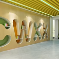 Bright Modern School Building Study Area With Wooden Ceiling Green Bookshelves And Colorful Rugs