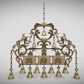 Ornate Brass Chandelier With Intricate Carvings And Bell Decorations