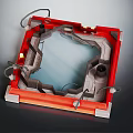 Red Industrial Metal Frame Structure With Octagonal Design And Connected Cables
