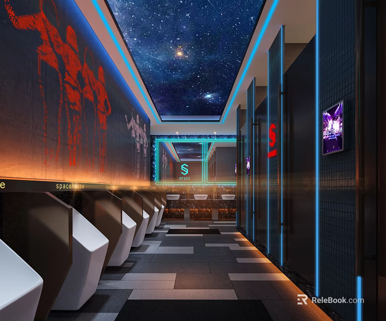 Modern Public Toilet Interior With Starry Sky Ceiling Blue Lighting And Clean Stalls 3d model 
