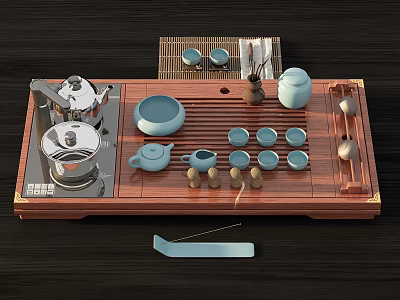 Complete Light Blue Tea Set with Wooden Tray Teapot Cups and Accessories 3d model