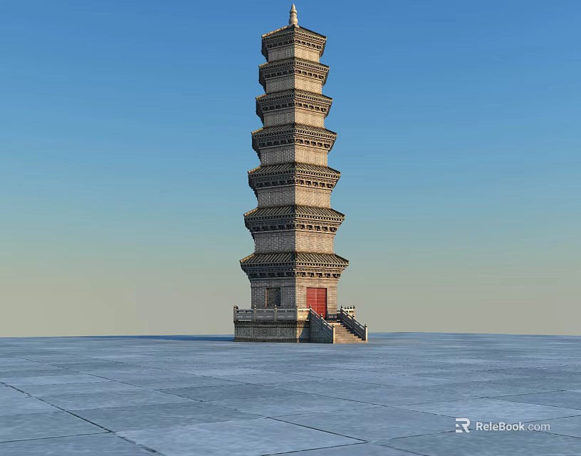 Ancient Stone Pagoda With Multiple Stories Red Door And Blue Sky Background On Stone Pavement 3d model 