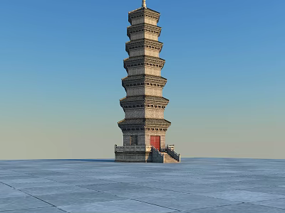 Ancient Stone Pagoda With Multiple Stories Red Door And Blue Sky Background On Stone Pavement 3d model
