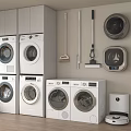 Modern Stackable Wall Mounted and Compact Washing Machines In Laundry Room With Cleaning Tools 3d model