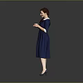 Woman in Dark Blue Dress With White Collar Braided Hair Holding Cup Against Gray Background