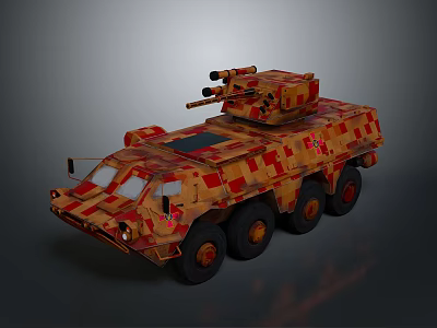 Military Armored Vehicle With Camouflage Pattern Turret Cannons And Six Wheels 3d model
