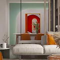 Modern Living Dining Room Interior With Gray Sofa Orange Chair And Coffee Table