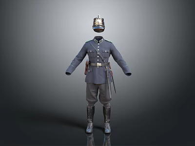 Game Movie Character In Gray Military Uniform With Helmet Belt And Boots 3d model