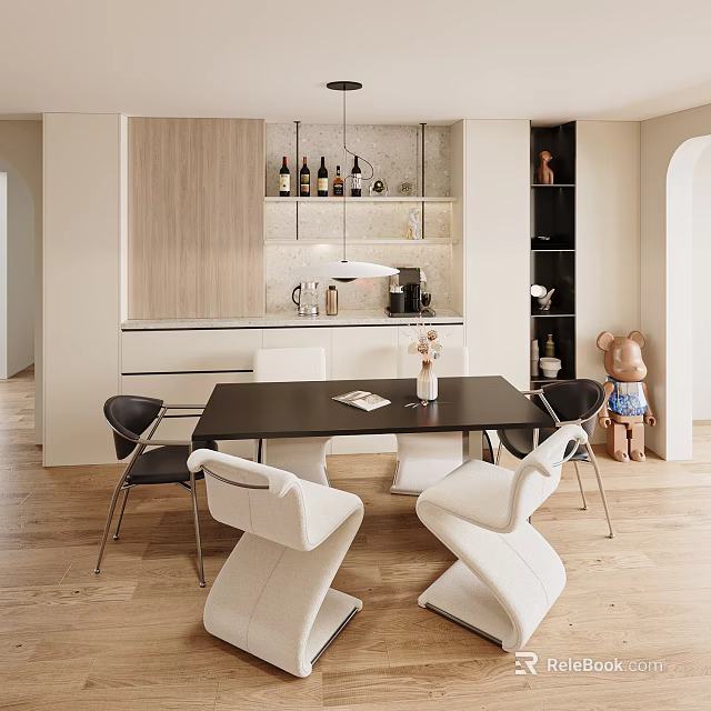 Elegant Modern Restaurant Interior With Dining Table Chairs Wine Bottles And Pendant Light 3d model